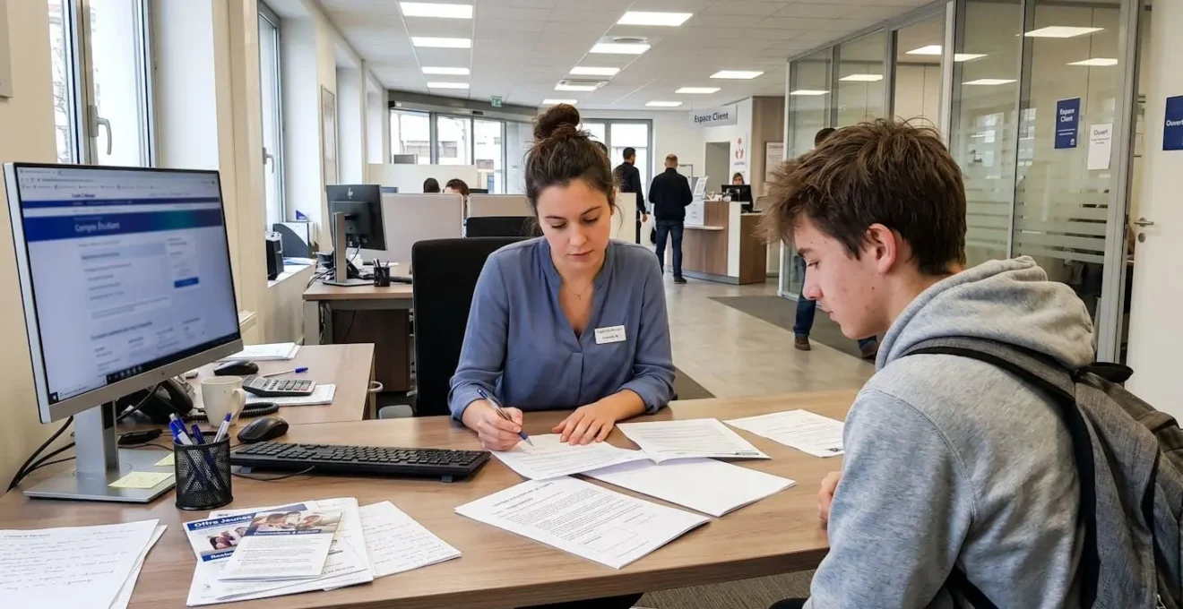 Un conseiller bancaire examine avec attention un dossier de demande de prêt étudiant en présence d'un jeune étudiant dans une agence moderne