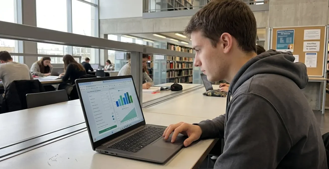 Un étudiant concentré consulte un simulateur de prêt sur son ordinateur portable dans une bibliothèque universitaire lumineuse
