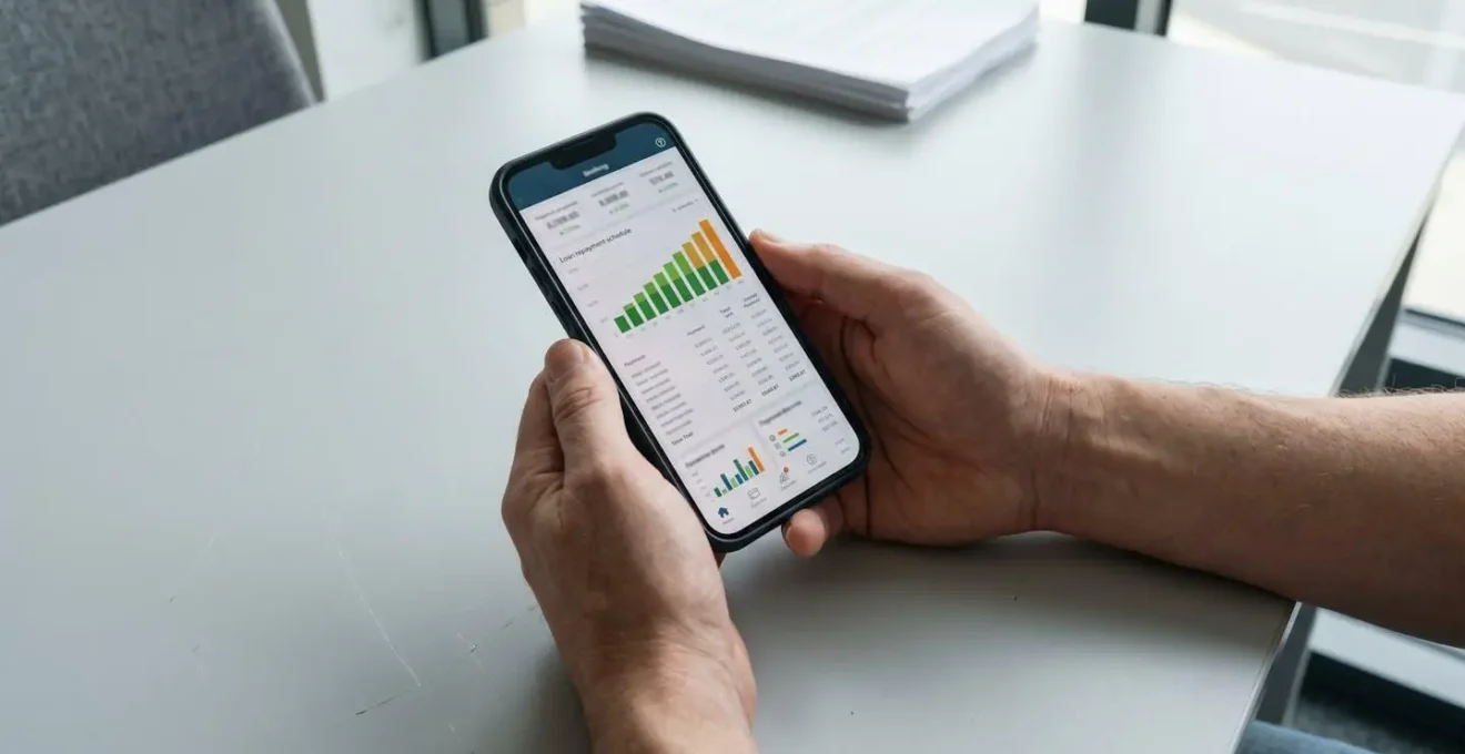Un étudiant consulte l'application mobile de sa banque affichant le planning de remboursement de son prêt étudiant sur son smartphone