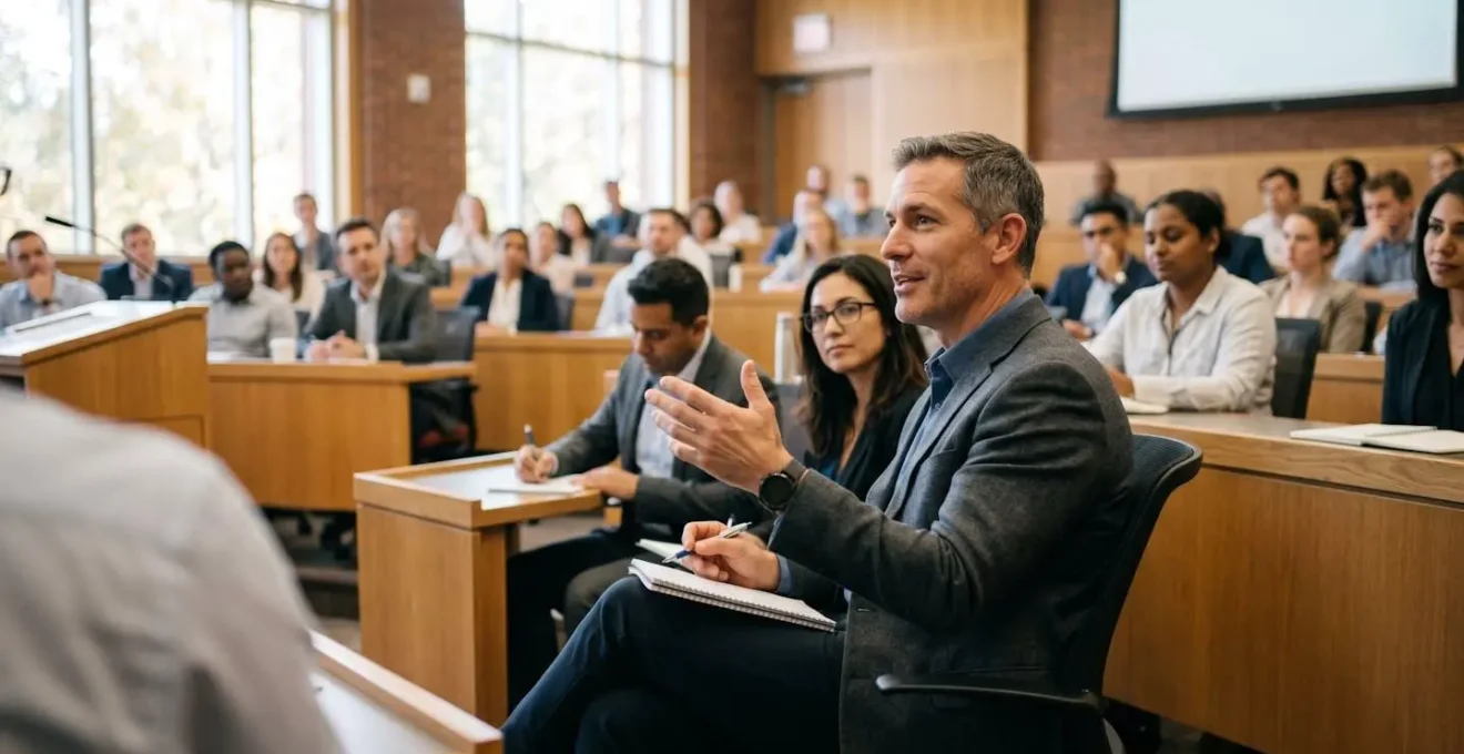Cadre dirigeant concentré lors d'une session de formation executive en management dans un amphithéâtre moderne