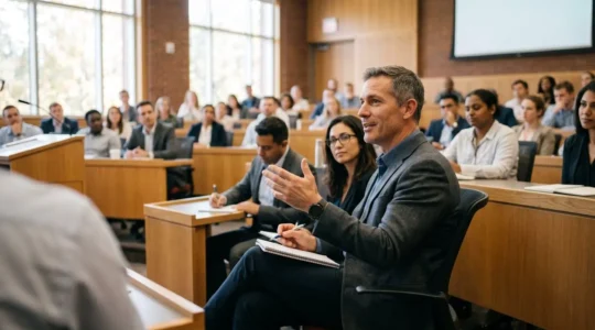 Cadre dirigeant concentré lors d'une session de formation executive en management dans un amphithéâtre moderne