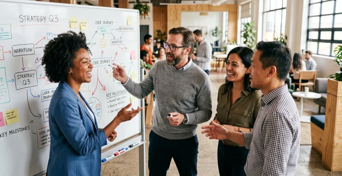 Groupe de managers en discussion animée autour d'une étude de cas management, postures engagées et tableau blanc visible en arrière-plan